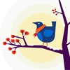 Tekening van een vogel, zittend op een besneeuwde boomtak.