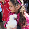 Een jong meisje met een visuele beperking houdt een kip vast