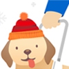 Een blindengeleidehond met kerstmuts kwispelt vrolijk naast het logo van de Brailleliga.