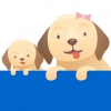 Dessin d'une chienne et de son petit chiot à côté du logo de la Ligue Braille.