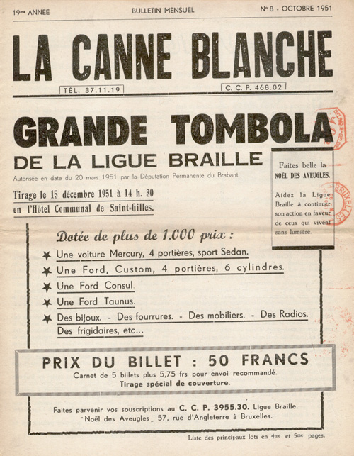 Image d'archive d'une parution de la Canne Blanche datant d'octobre 1951 et annonçant le premier tirage de la Tombola de la Ligue Braille