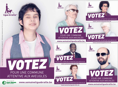 Affiche de la Semaine de la Ligue Braille 2012 : Votez pour une commune attentive aux aveugles.